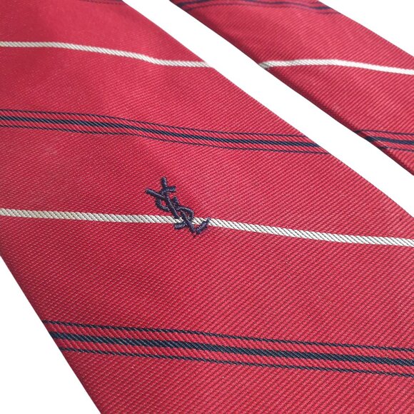 Yves Saint Laurent Red Blue Vintage Striped Silk Tie Embroidered Logo Classic - Picture 2 of 6